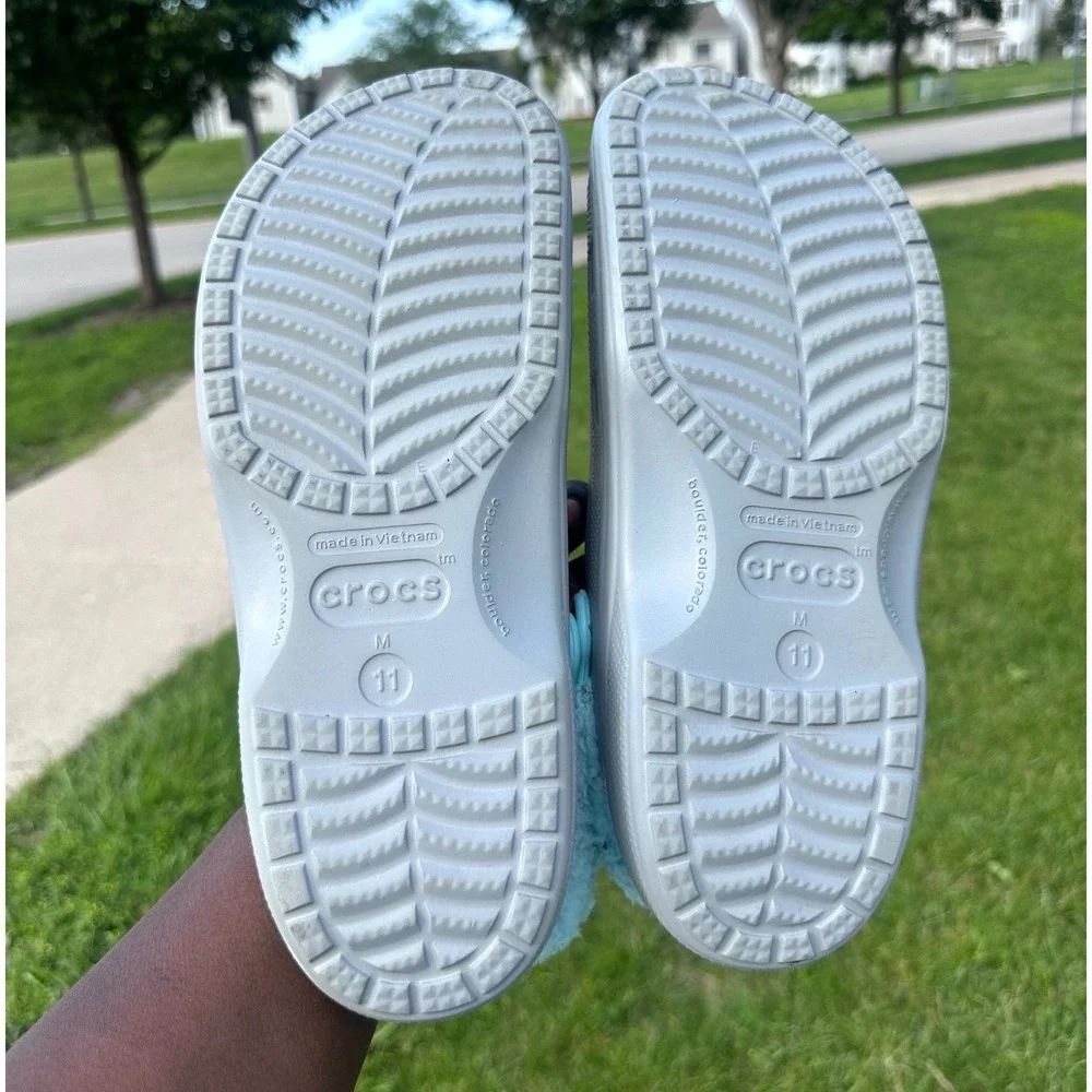 Crocs Adult Baya Lined Fuzzy Strap Clogs Size M11 Gray Aqua Blue Sandals